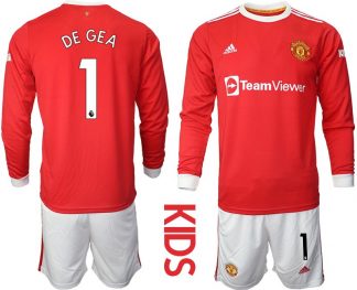 Kinder Fußballtrikots Manchester United Heimtrikot 2022 Langarm mit Aufdruck DE GEA 1