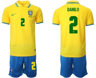 Brasilien 2022 WM Heimtrikots Gelb Trikotsatz Kurzarm + Kurze Hosen DANILO 2