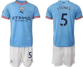 STONES 5 Manchester City Heimtrikot 2022/2023 blau Kurzarm + weiß Kurze Hosen