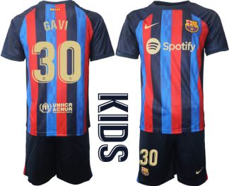 FC Barcelona Kinderheim Trikot 2022/23 Navy Blau Fußballtrikots Set mit Aufdruck GAVI 30