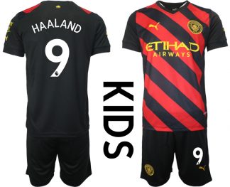 Kinder Manchester City Auswärtstrikot 2022-23 schwarz rot mit Aufdruck HAALAND 9