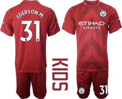 Kinder Manchester City Torwarttrikot 2022-23 rot Trikotsatz Fussballtrikots EDERSON M.31