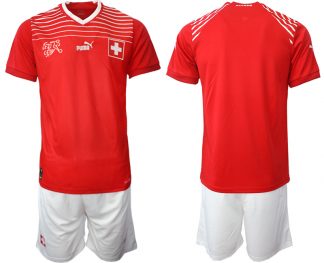 Neues Schweiz EM 2022 Heimtrikot Rot Kurzarm + weiß Kurze Hosen Bestellen