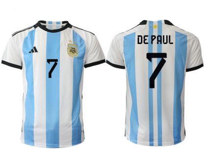 Herren Argentinien Heimtrikot WM 2022 Weiss Blau Kurzarm Fussballtrikots DE PAUL 7