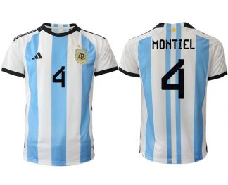 Herren Argentinien Heimtrikot WM 2022 Weiss Blau Kurzarm Fussballtrikots MONTIEL 4