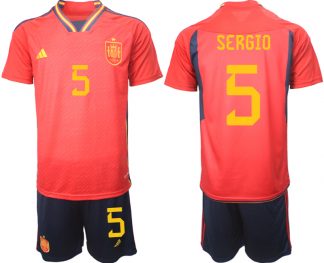 Herren Spanien WM 2022 Heimtrikot Teampower Rot Kurzarm + Kurze Hosen SERGIO 5