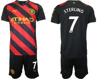 STERLING 7 Manchester City Auswärtstrikot 2022/2023 schwarz rot Kurzarm + Kurze Hosen