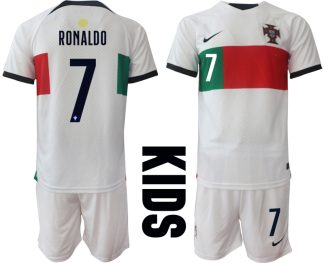 Kinder Portugal Fußball WM 2022 Auswärtstrikot Kurzarm + Kurze Hosen RONALDO 7