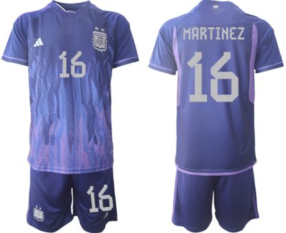 MARTINEZ #16 Argentinien FIFA WM Katar 2022 Auswärtstrikot Lila für Herren Kurzarm + Kurze Hosen