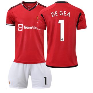 Kinder Fußballtrikots Manchester United 2023-24 Trikot rot Kurzarm + weiss Kurze Hosen DE GEA 1