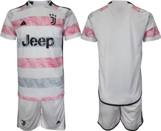 Herren Juventus 2023-24 Auswärtstrikots weiß rosa Kurzarm + Kurze Hosen
