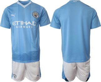 Herren Manchester City 23/24 Heimtrikot blau Kurzarm + weiß Kurze Hosen