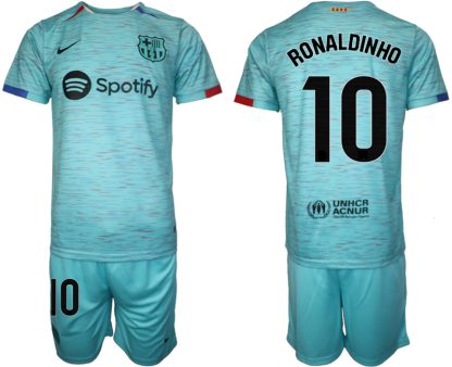 Herren Set FC Barcelona 2023-24 Drittes Trikot blau mit Aufdruck Ronaldinho 10