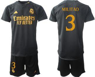 Real Madrid 2023-24 Drittes Trikot schwarze goldgelb Fußballtrikots Set Eder Militao 3