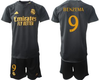 Real Madrid 2023-24 Drittes Trikot schwarze goldgelb Fußballtrikots Set Karim Benzema 9