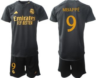 Real Madrid 2023-24 Drittes Trikot schwarze goldgelb Fußballtrikots Set Kylian Mbappe 9
