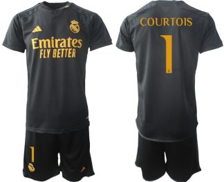 Real Madrid 2023-24 Drittes Trikot schwarze goldgelb Fußballtrikots Set Thibaut Courtois 1